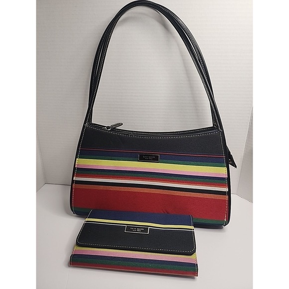 Vtg. Kate Spade Canvas Striped Shoulder Bag & Matching Wallet Colorful 90's READ - Picture 1 of 16
